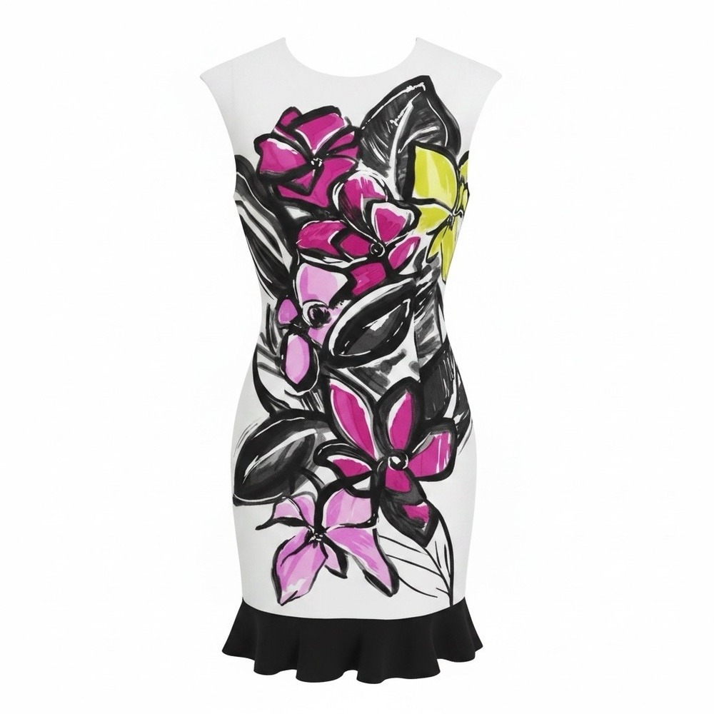 Shelley Segal Floral Dress Sleeveless Ruffle Hem Abstract Midi Size 4